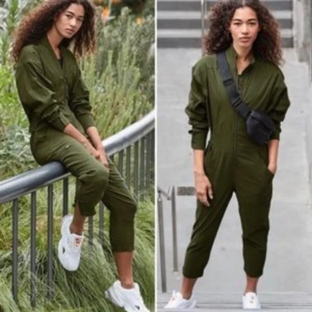 Athleta Lenox Jumpsuit Utility Pants Tuscan Olive Green Pockets Zip Front